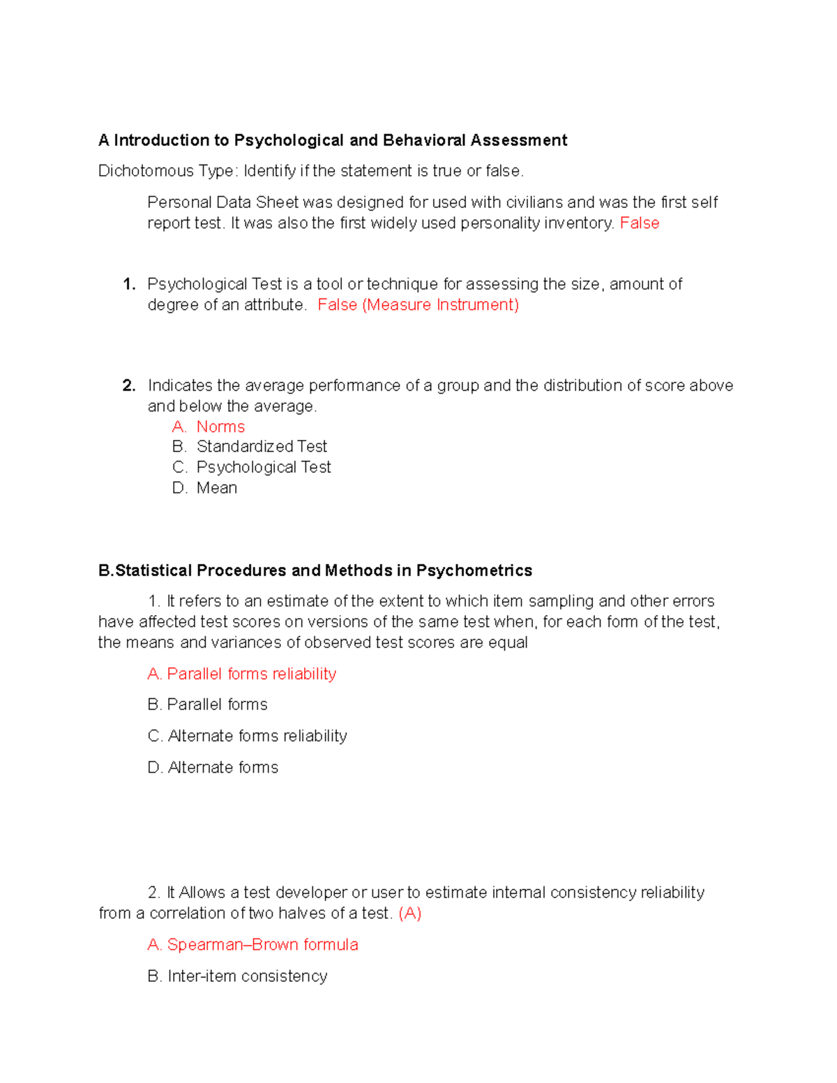 Reyes - TEST Items - A Introduction to Psychological and Behavioral ...