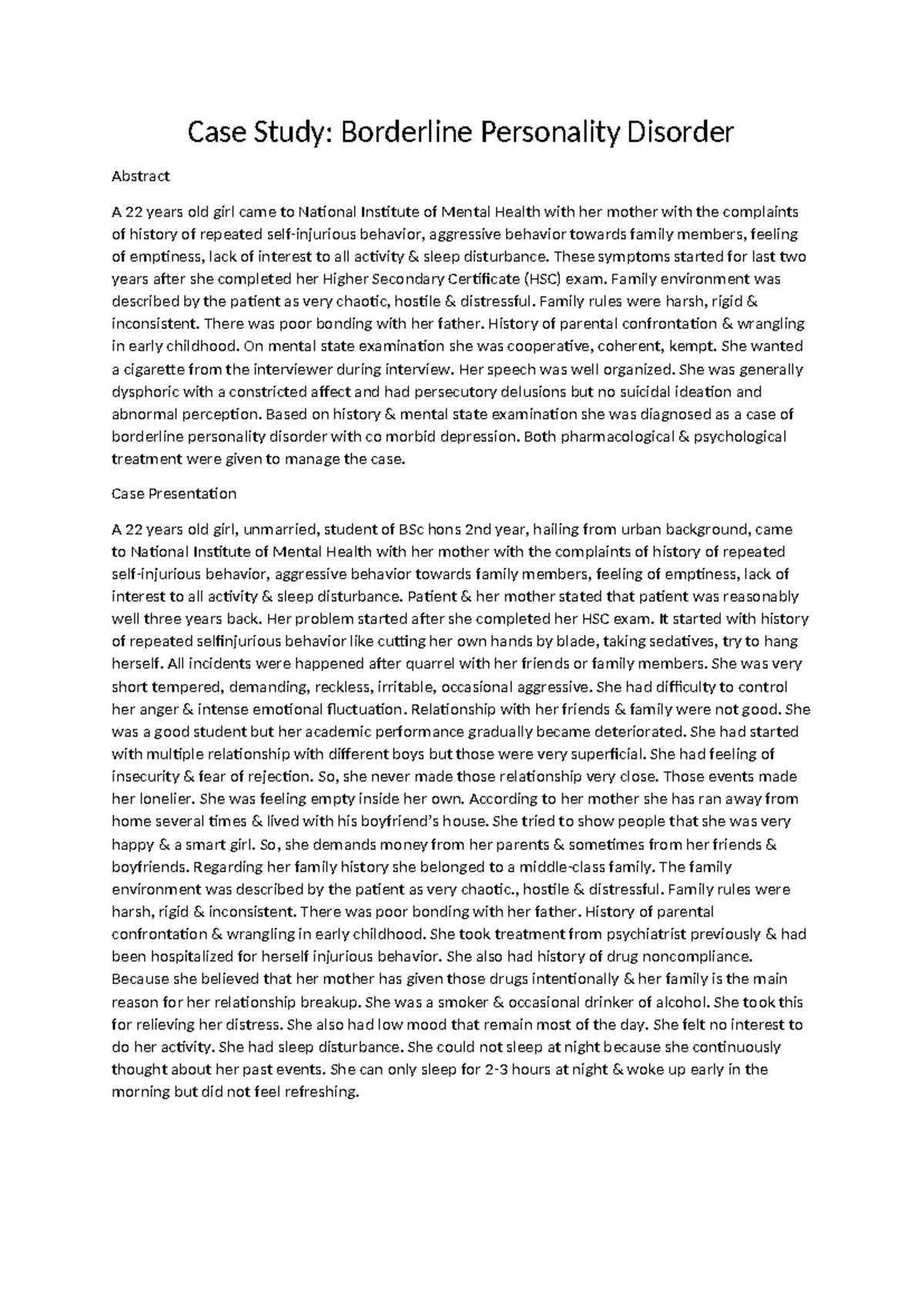 Case Study: BPD in a 22-Year-Old Female with Complex Challenges - Studocu