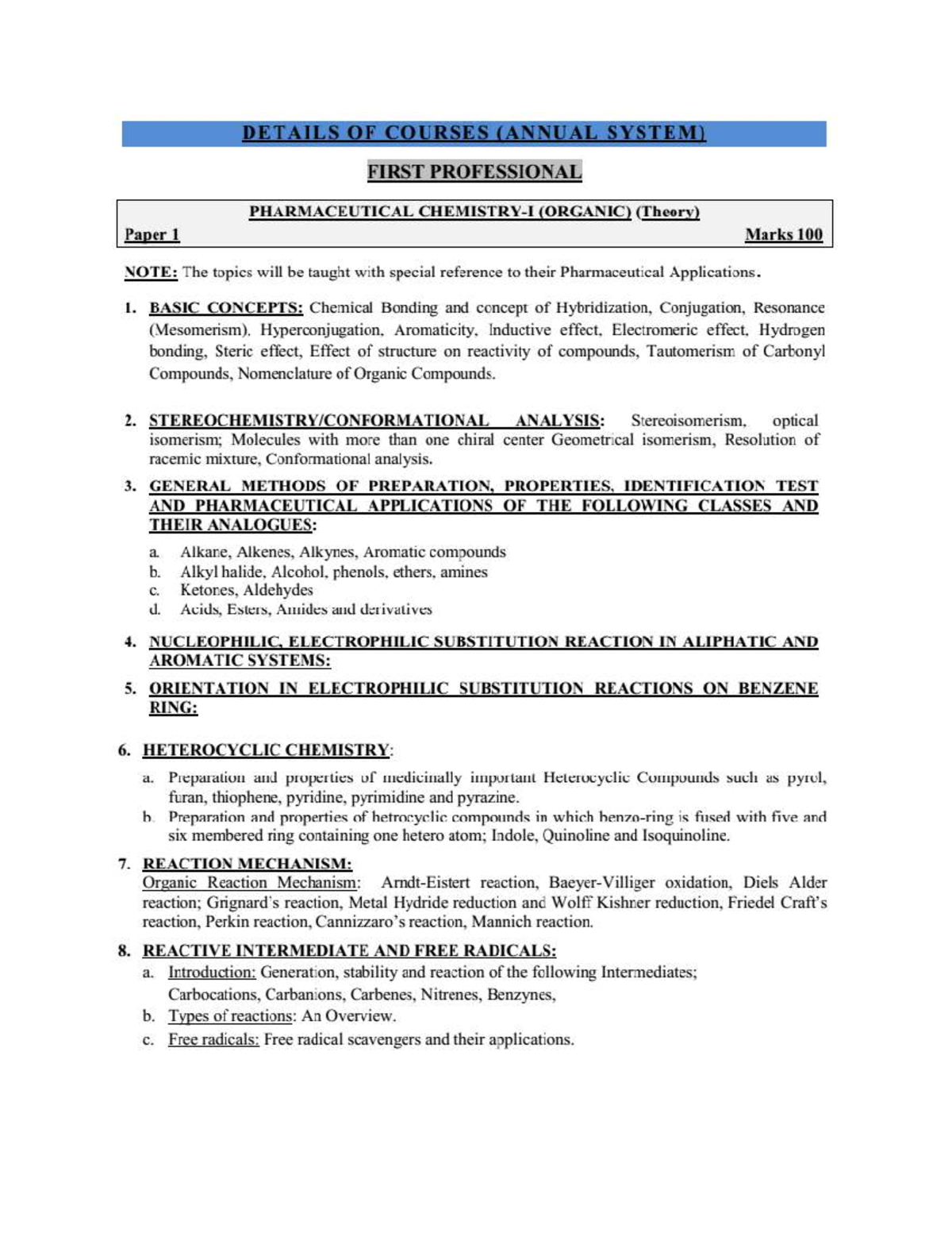Syllabus for 1st Professional Pharmacy (Theory & Practical) Courses ...