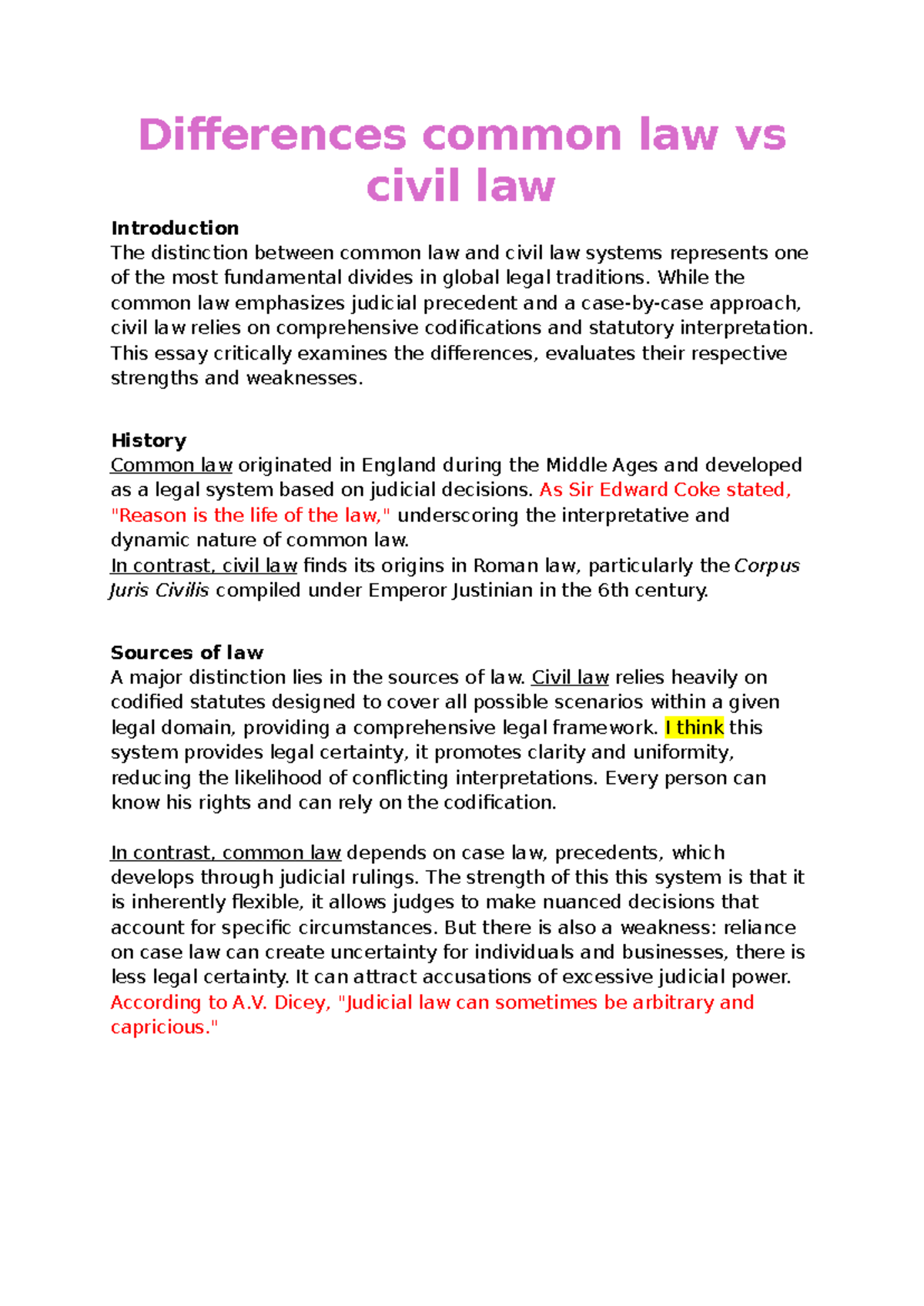 Common Law Exam Topics: Key Differences and Judicial Precedents - Studocu