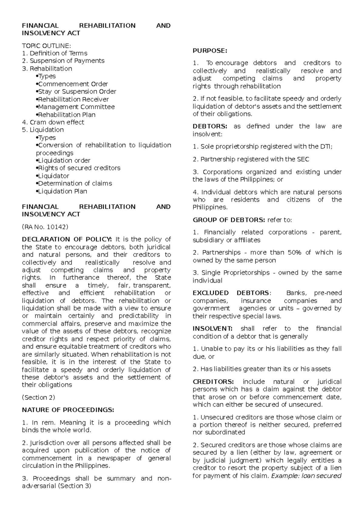 FRIA Notes - SUMMARY - FINANCIAL REHABILITATION AND INSOLVENCY ACT ...