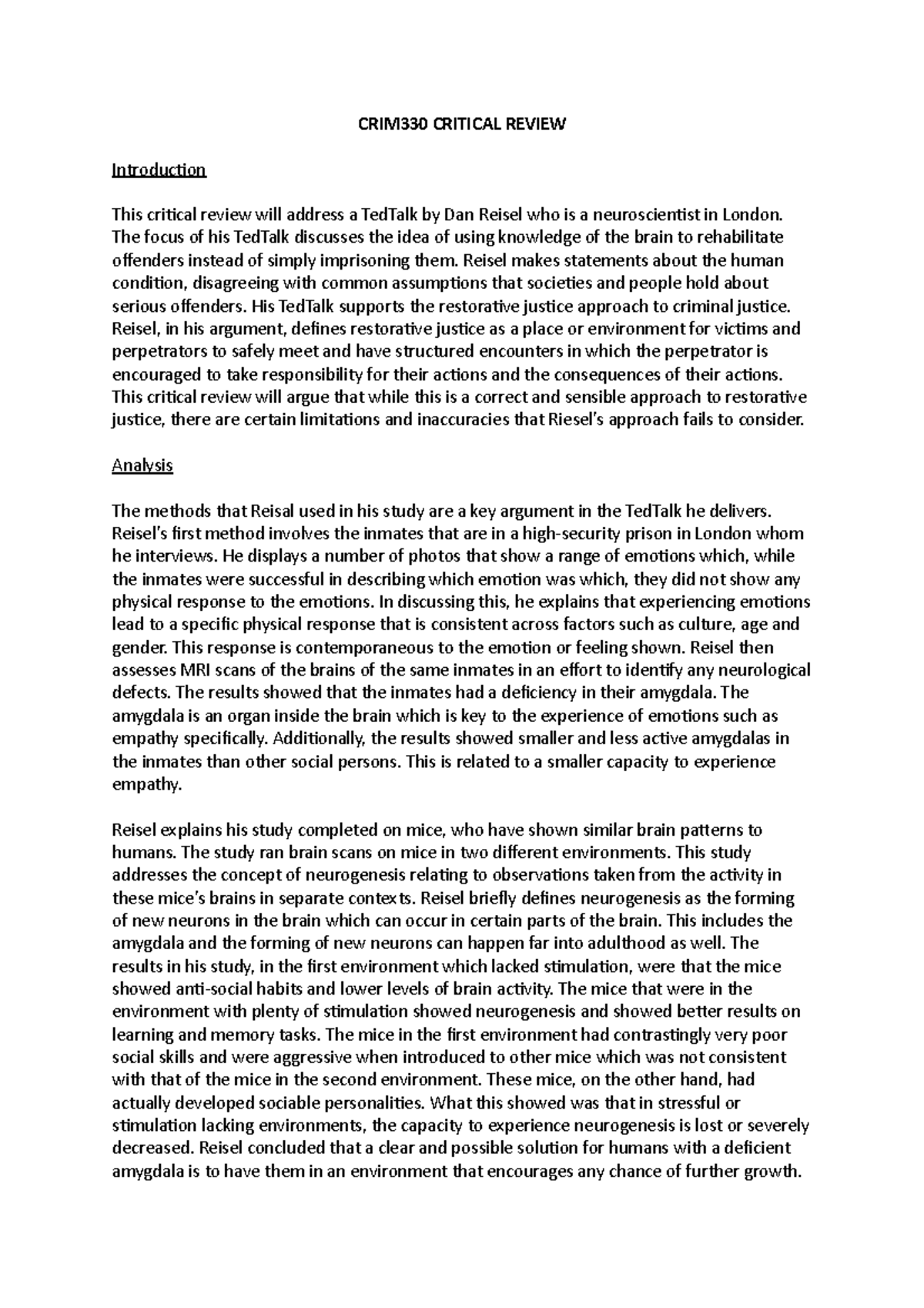 CRIM330 Critical Review of Dan Reisel's TedTalk on Restorative Justice ...