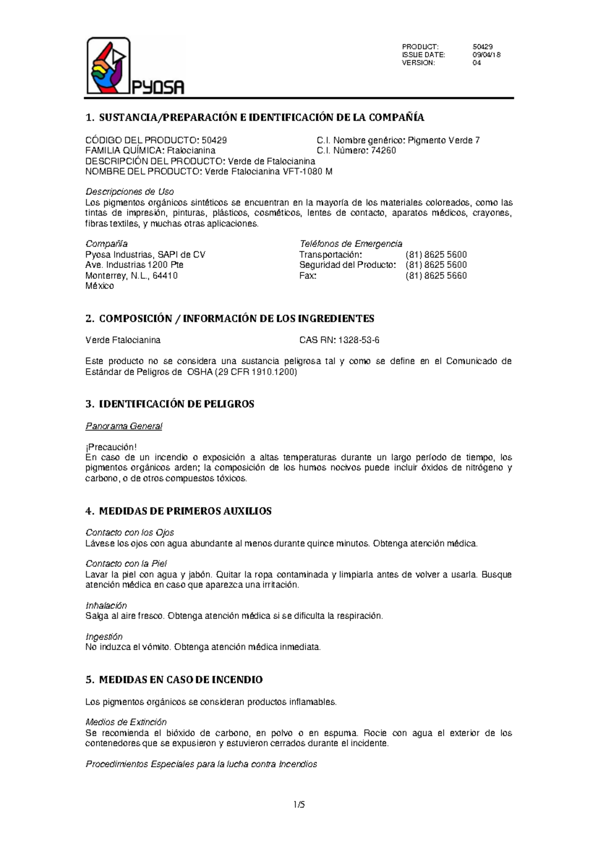 Hoja de Datos de Seguridad del Pigmento Verde VFT-1080 HS - Document Preview