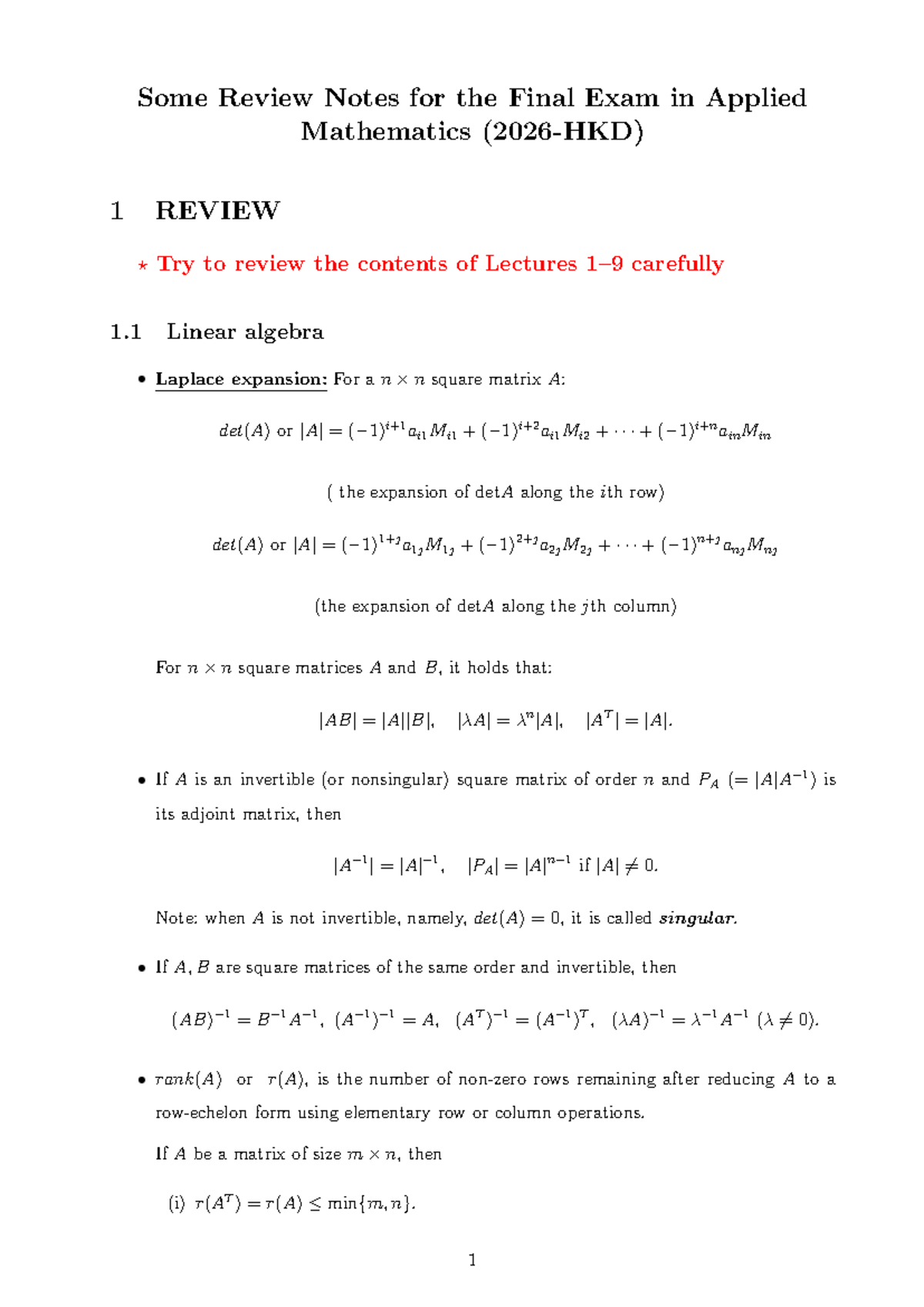 Applied Mathematics 1: Final Exam Review Notes and Key Concepts - Studocu