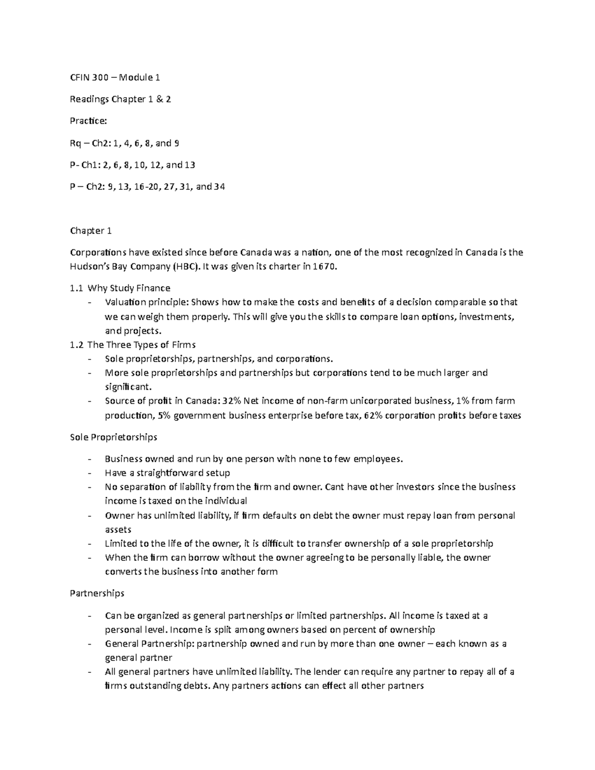 CFIN 300 Module 1 Chapter 1 - fin 300 - Toronto Met - Studocu