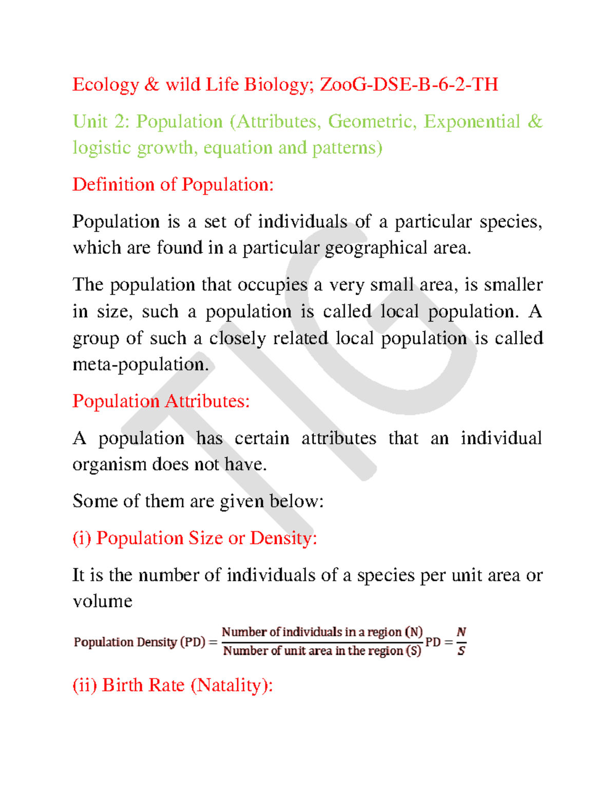Ecology Unit 2: Population Growth Models and Attributes - Studocu