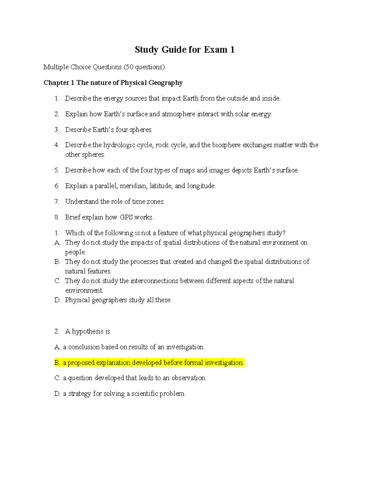 Study Guide for Physical Geography Exam 1: Key Concepts & MCQs - Studocu