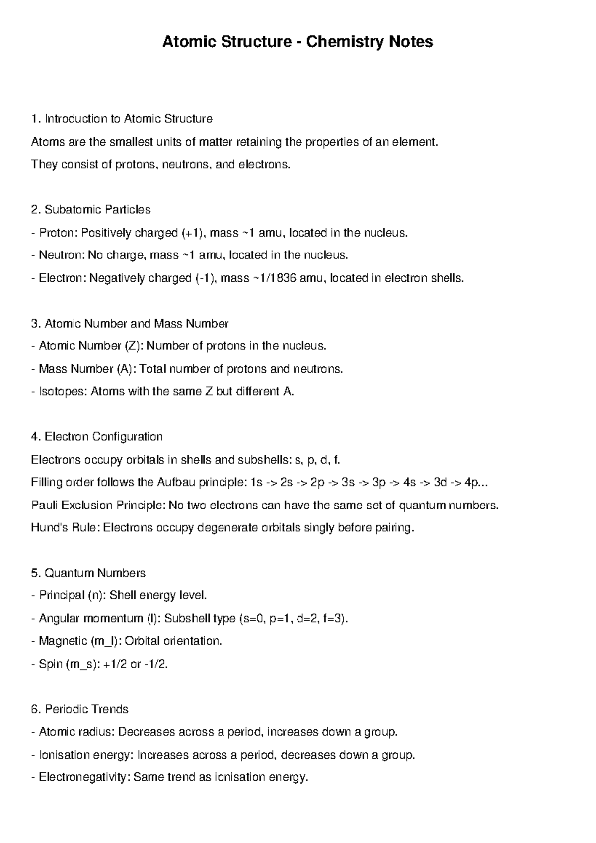 Chemistry 101: Atomic Structure Notes and Key Concepts - Studocu