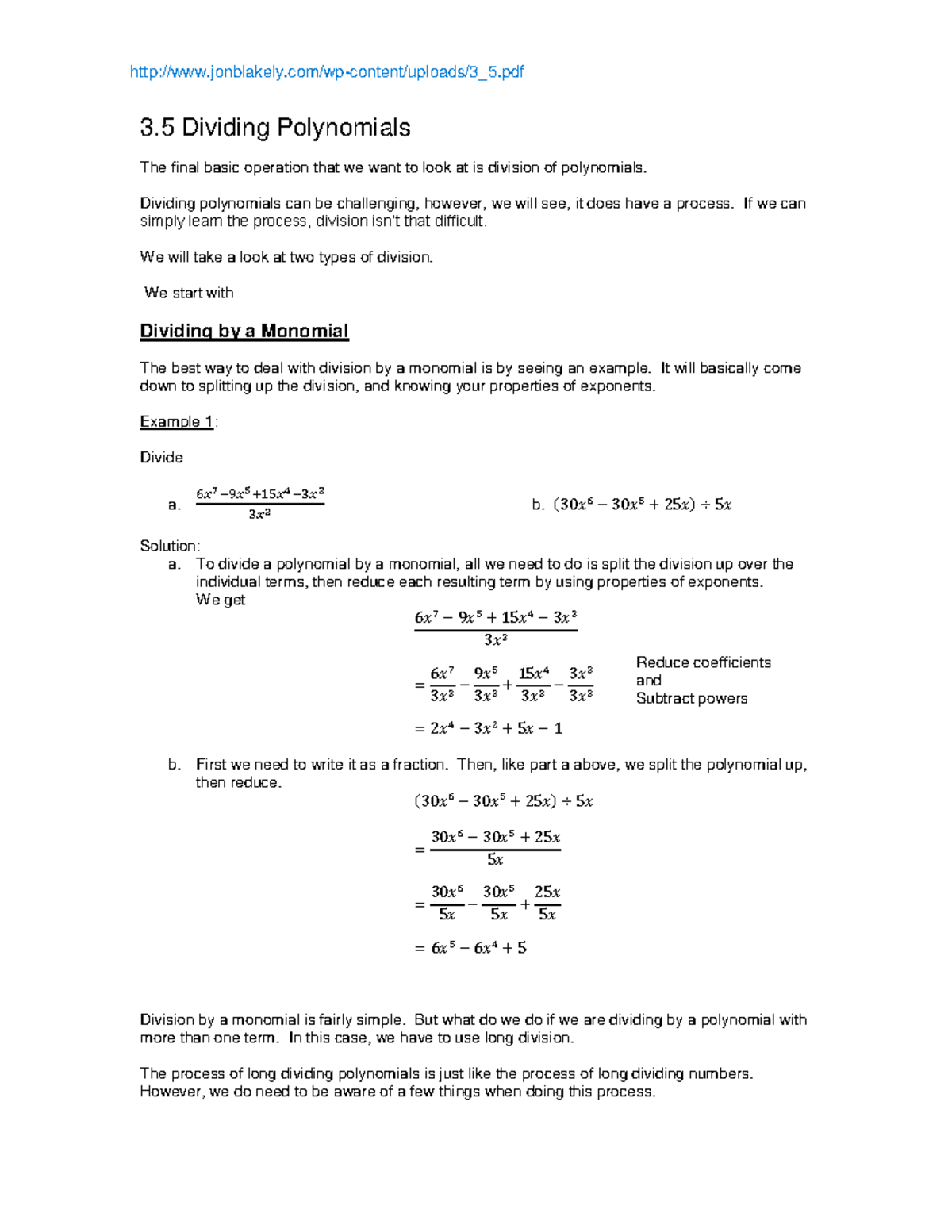 Division by splitting - full sheet - 3 Dividing Polynomials The final ...