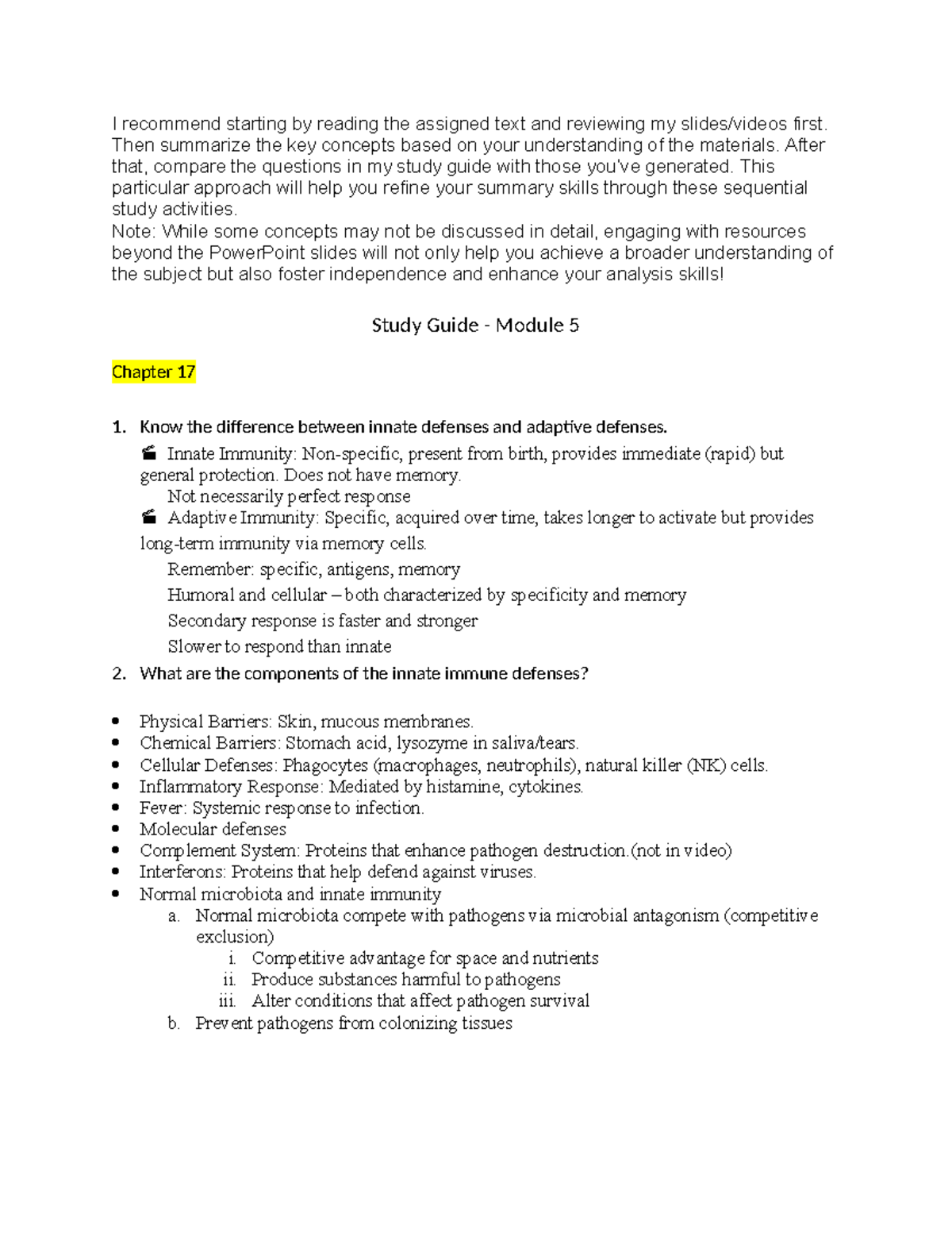 Final Exam Review: Inflammation and Innate Immunity (Biology 101) - I ...
