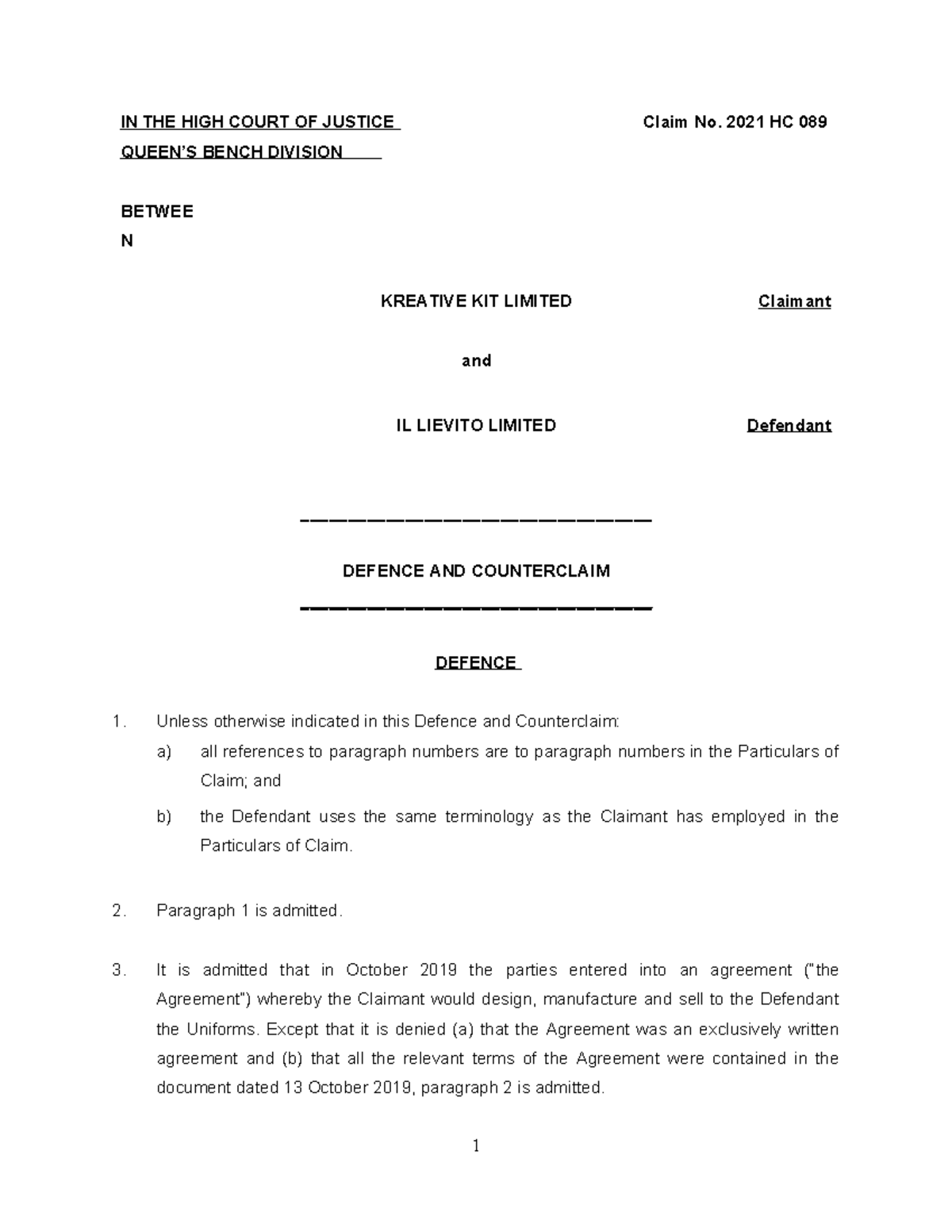 Defence and Counterclaim in HC Claim No. 2021 HC 089 - Studocu