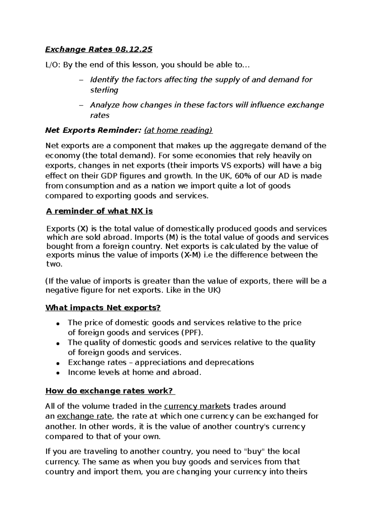 Exchange Rates Lesson Notes (Course Code: ECON 101) - Studocu
