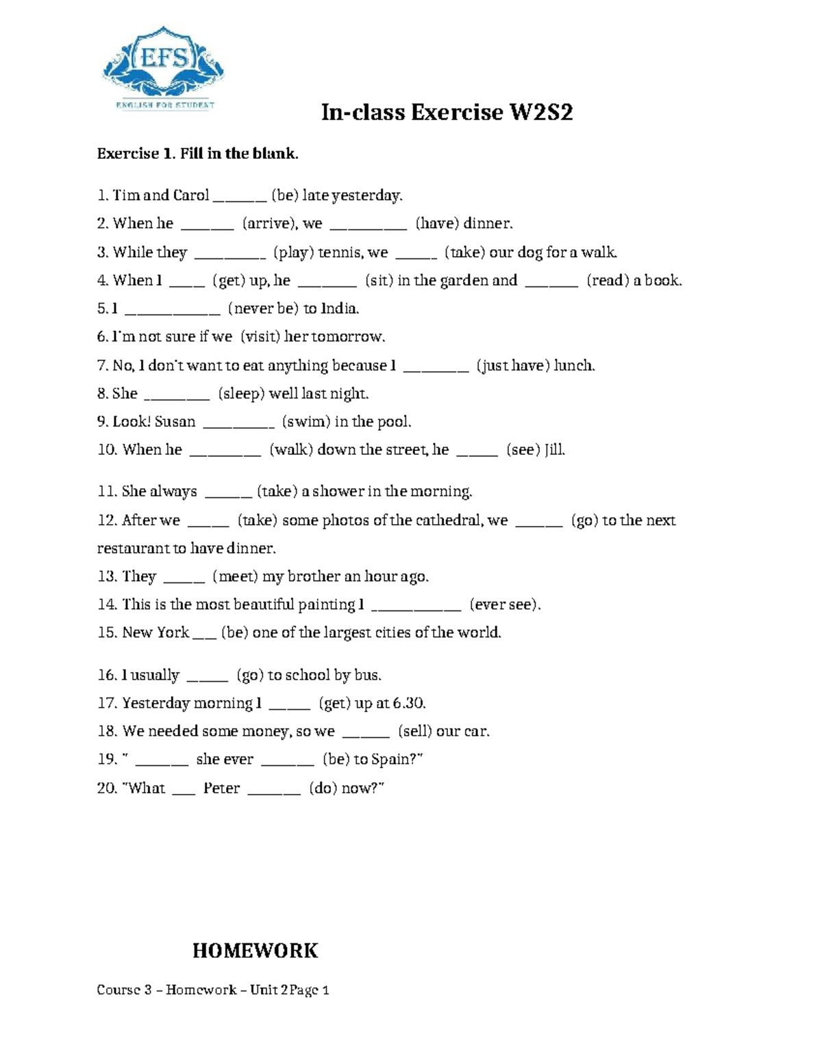Handout W2S2 - English Exercise 3: Fill in the Blanks - Studocu
