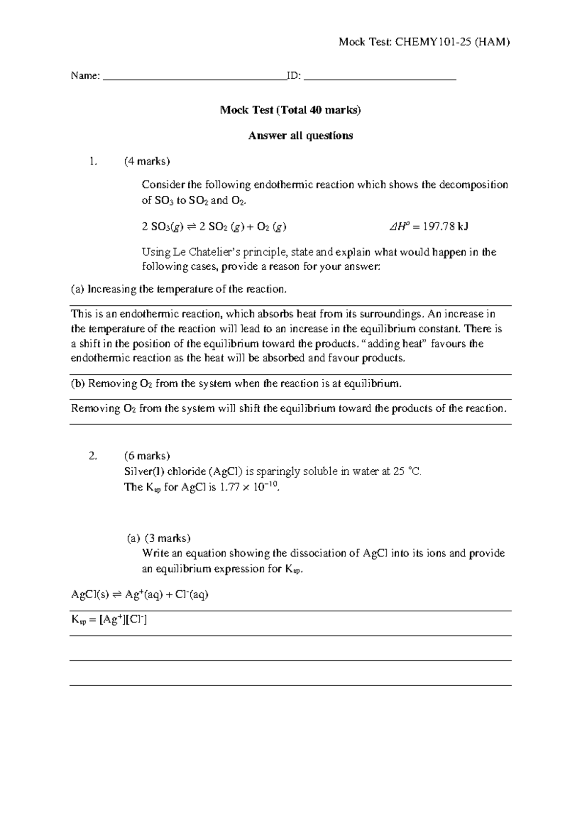 Mock Test 1 (CHEMY101): Comprehensive Answers and Explanations - Studocu