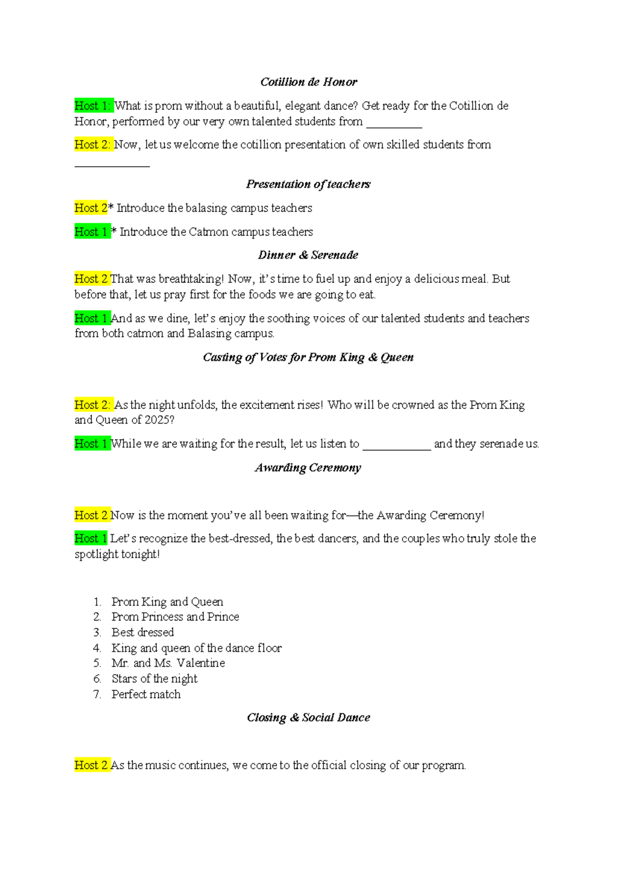 JS PROM 2025 HOST Script - Cotillion de Honor Host 1: What is prom ...