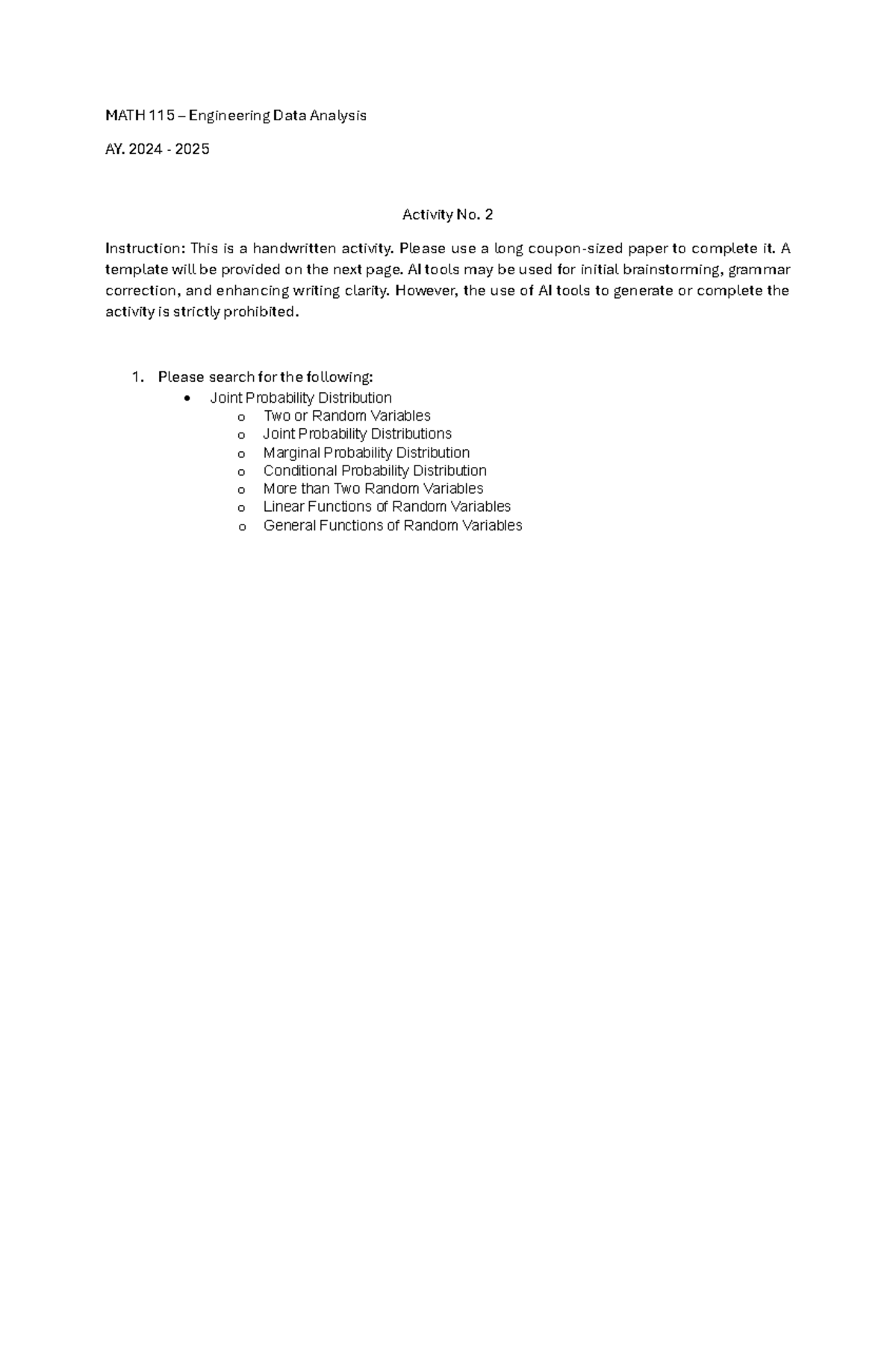 MATH-115-Activity-2 - MATH - MATH 11 5 – Engineering Data Analysis AY ...