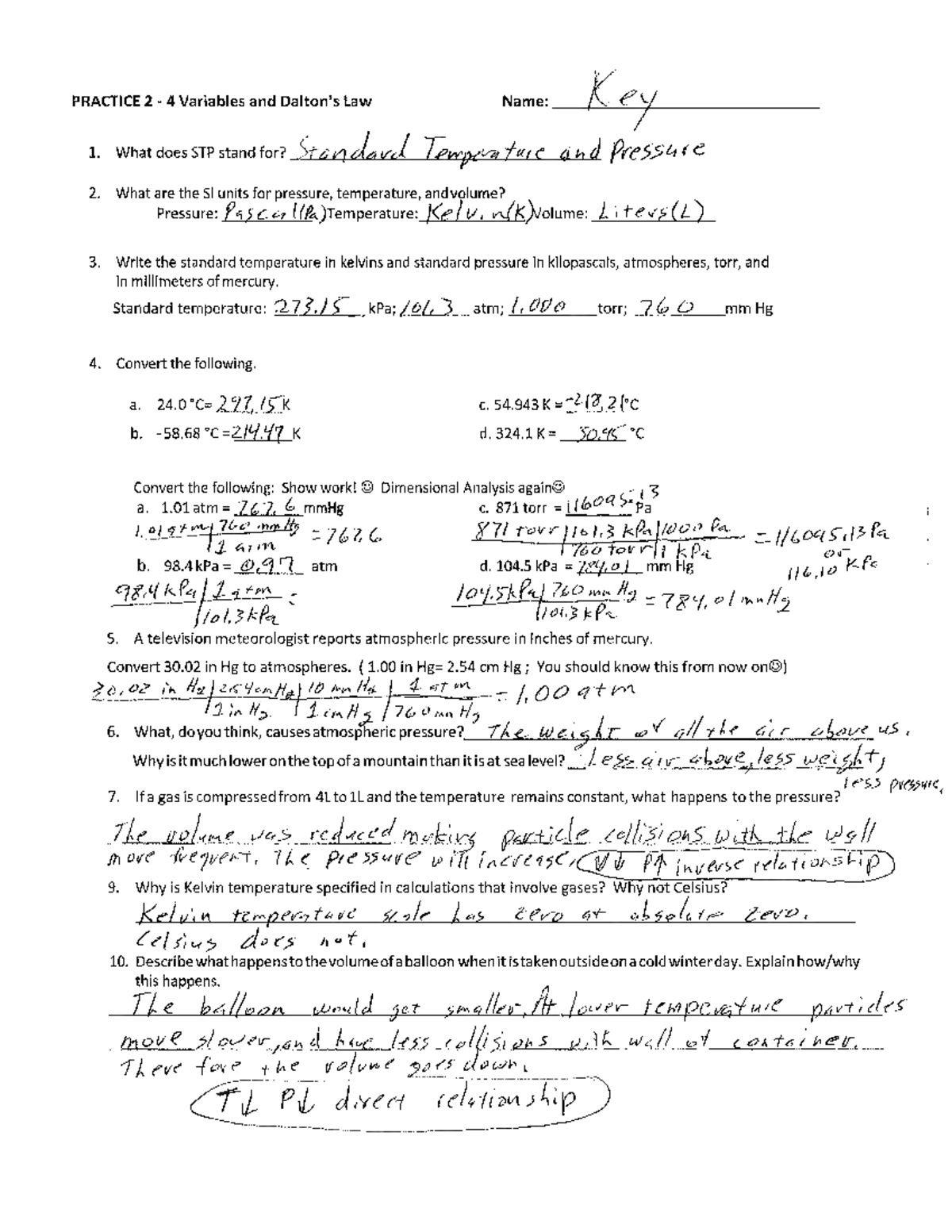 Key - Practice #2: 4 Variables and Gas Laws in Chemistry - Studocu