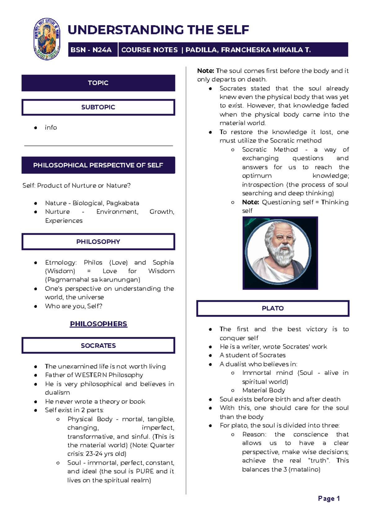 Understanding the Self: BSN N24A Course Notes by Padilla, Francheska ...