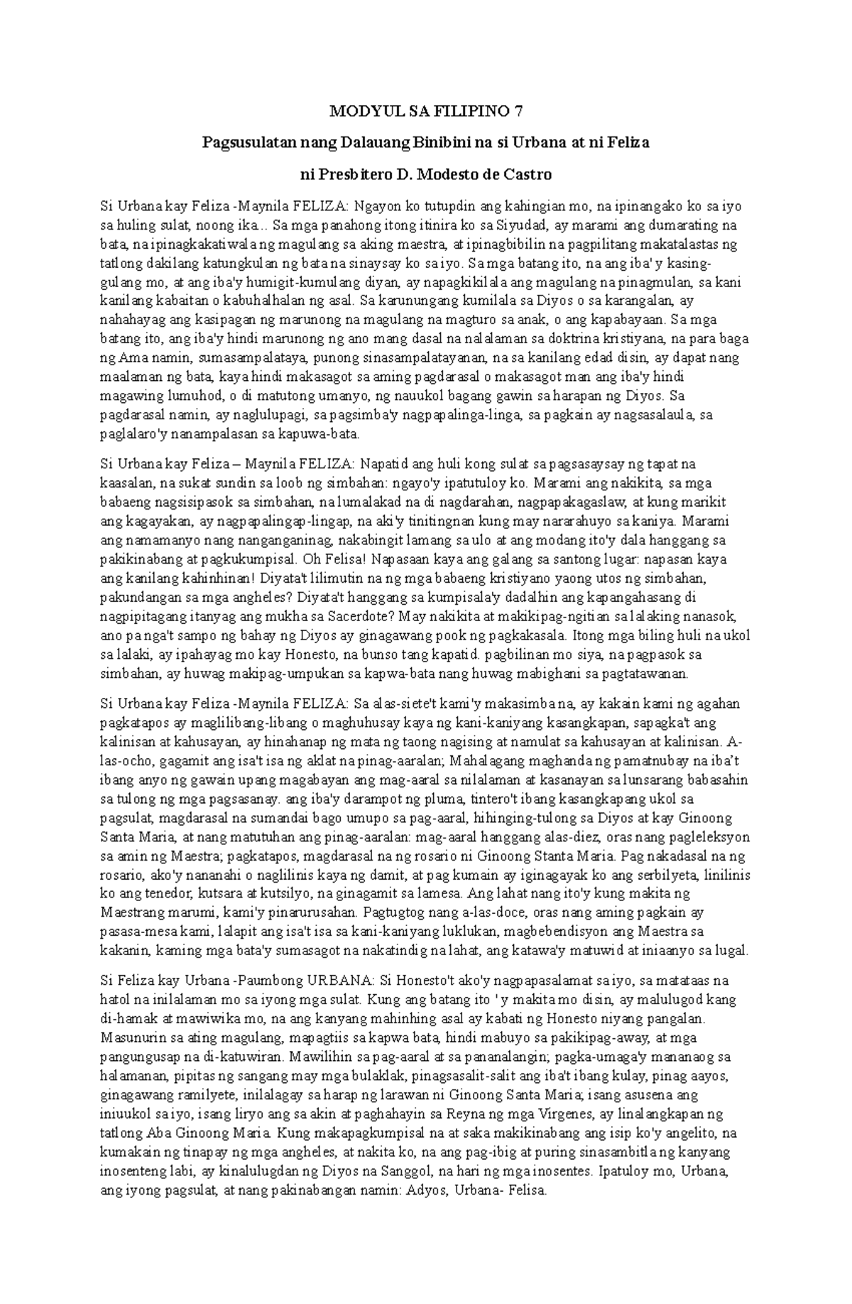 MODYUL SA FILIPINO 7: Pagsusulatan nina Urbana at Feliza - Studocu