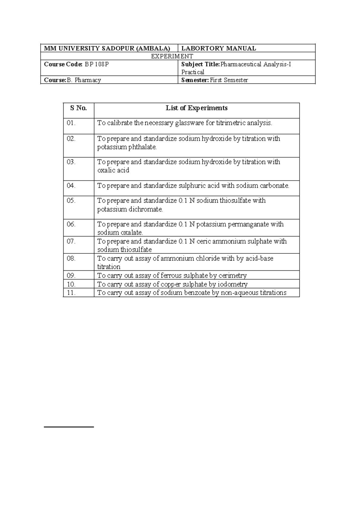 BP 108P Practical Lab Manual: Pharmaceutical Analysis-I Procedures ...