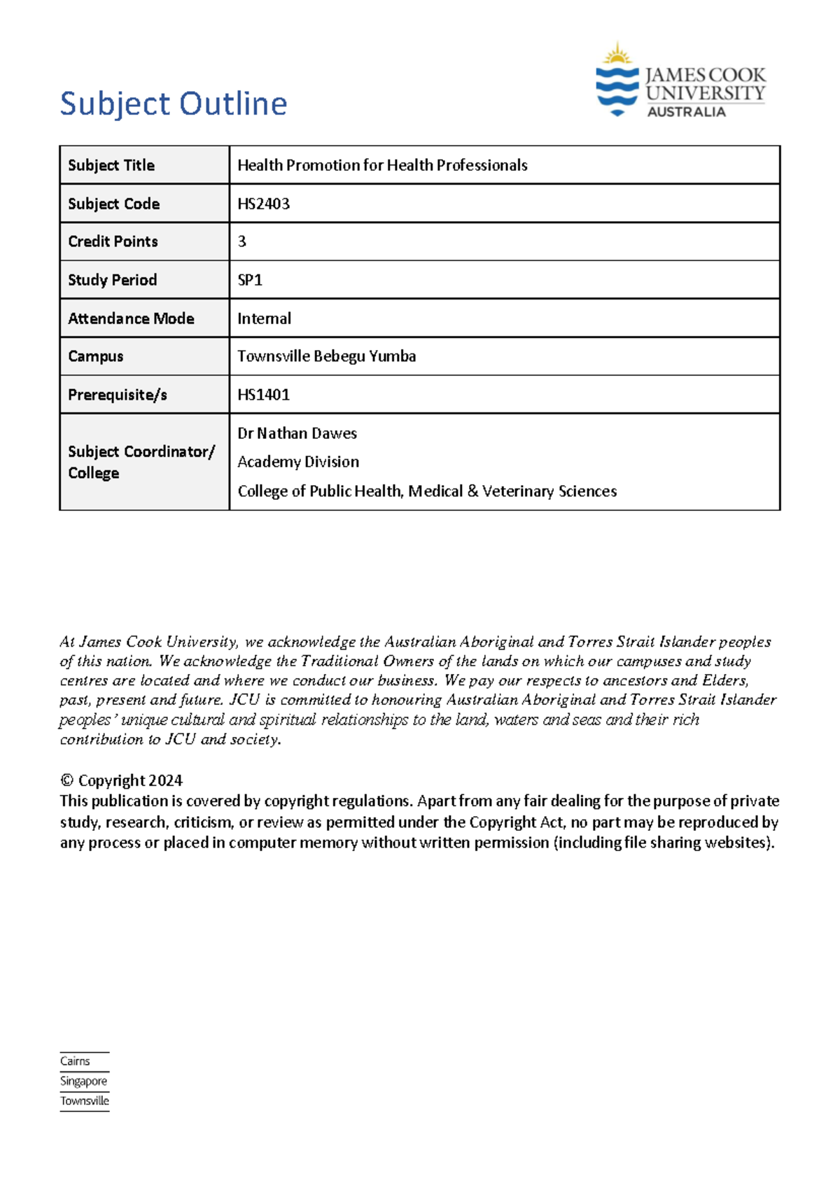 HS2403 Subject Outline SP1 2024 - Subject Outline Subject Title Health ...