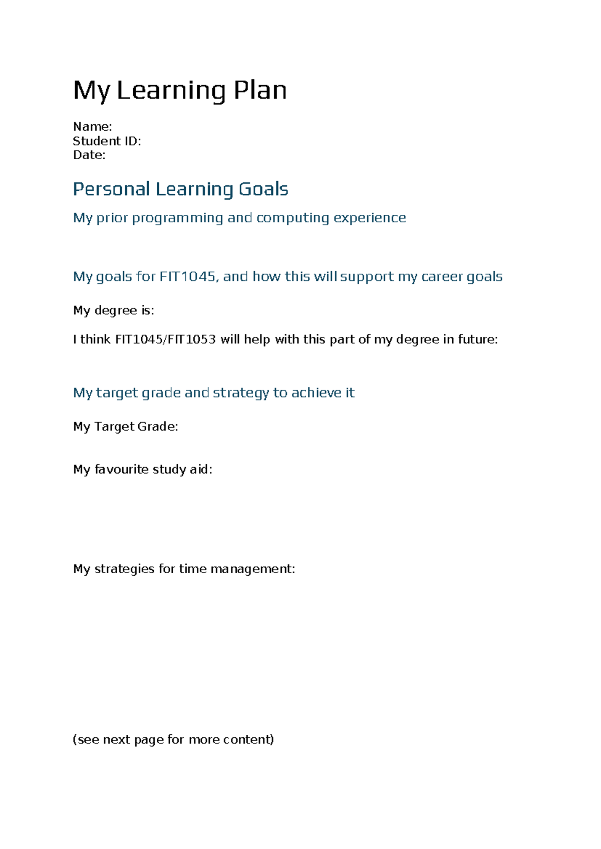 FIT1045 Personal Learning Plan & Goals Submission Template - Studocu