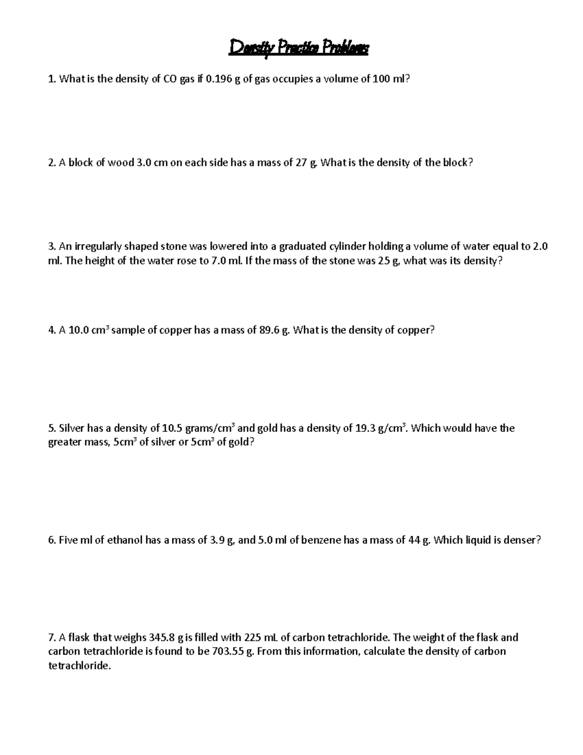Density Practice Problems - Course Code FDGSRG - Studocu