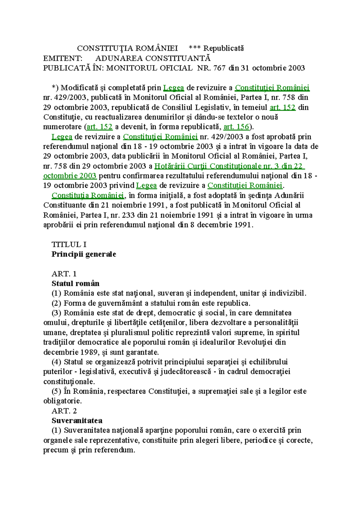 Constituția României - Republicată și Modificată (2003) - Studocu