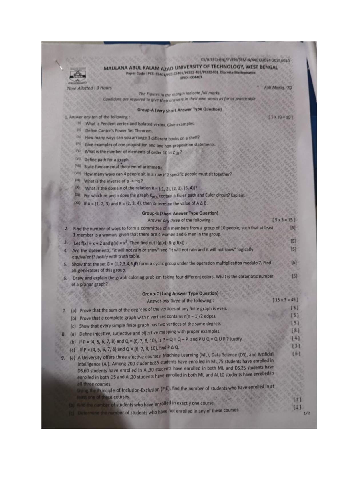 PCC Discrete Mathematics Exam Paper - MAULANA ABUL KALAM AZAD ...