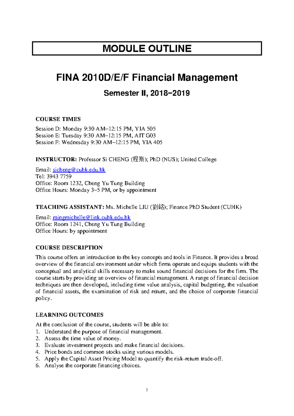 FINA2010 Financial Management Module Outline-2 - MODULE OUTLINE FINA ...