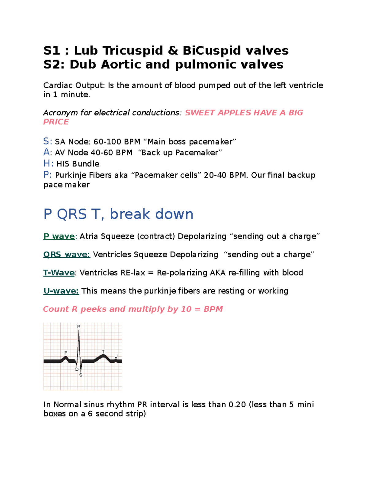 EKG notes My breakdown - S1 : Lub Tricuspid & BiCuspid valves S2: Dub ...