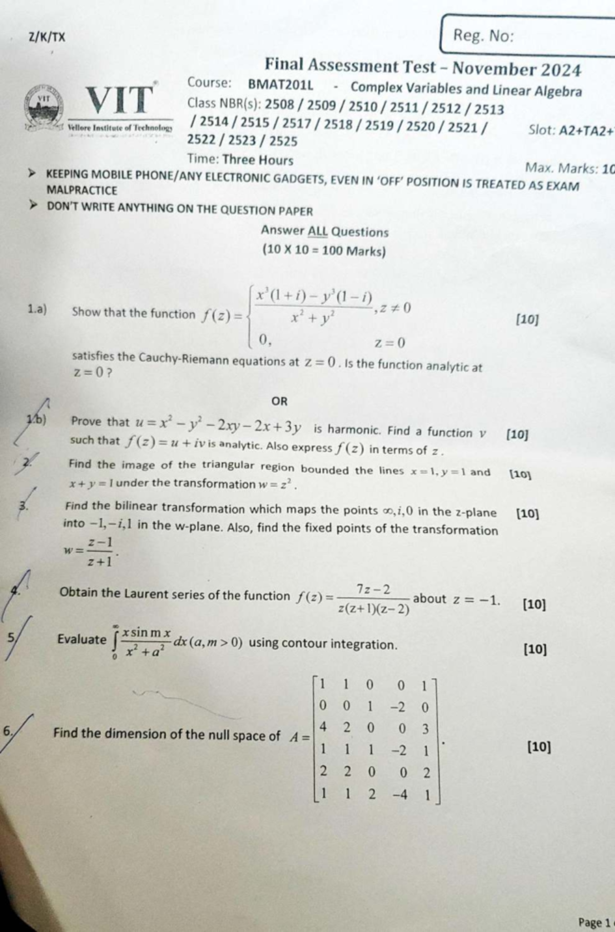 BMAT201L Final Assessment Test Nov 2024 - Complex Variables & Linear ...