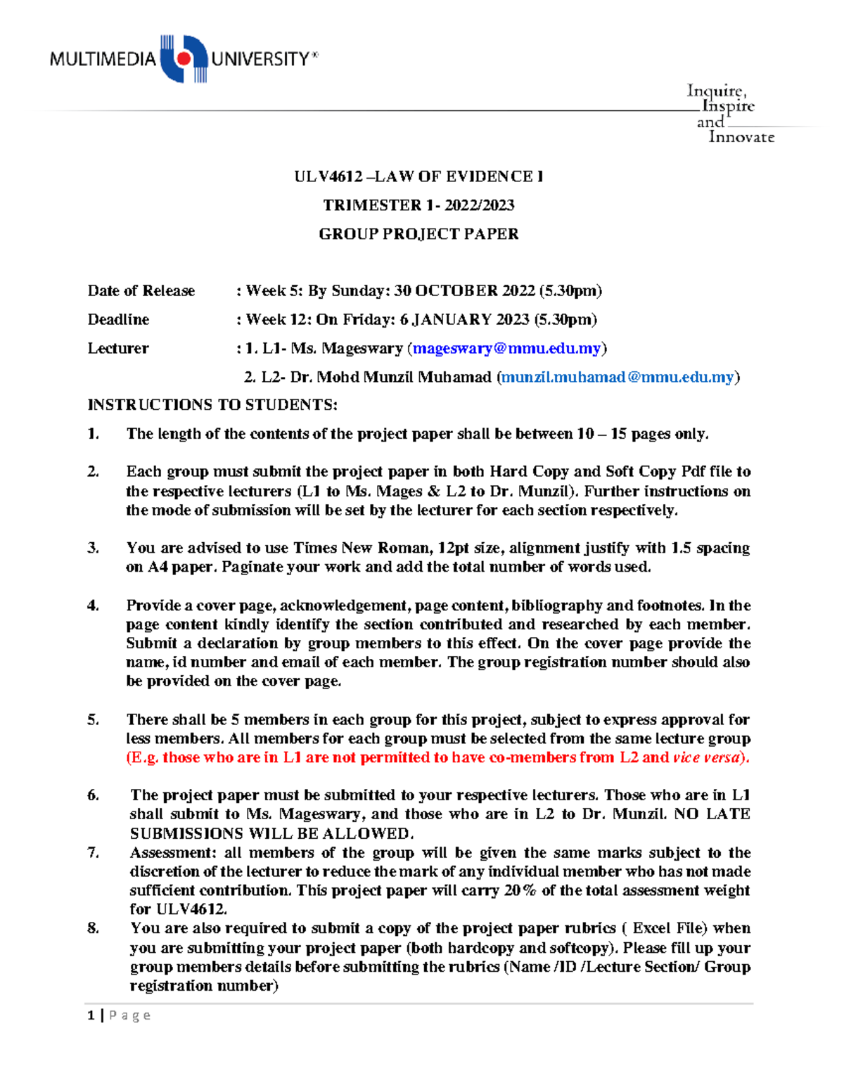 Project Paper Question - 1 | P a g e ULV4612 – LAW OF EVIDENCE I ...