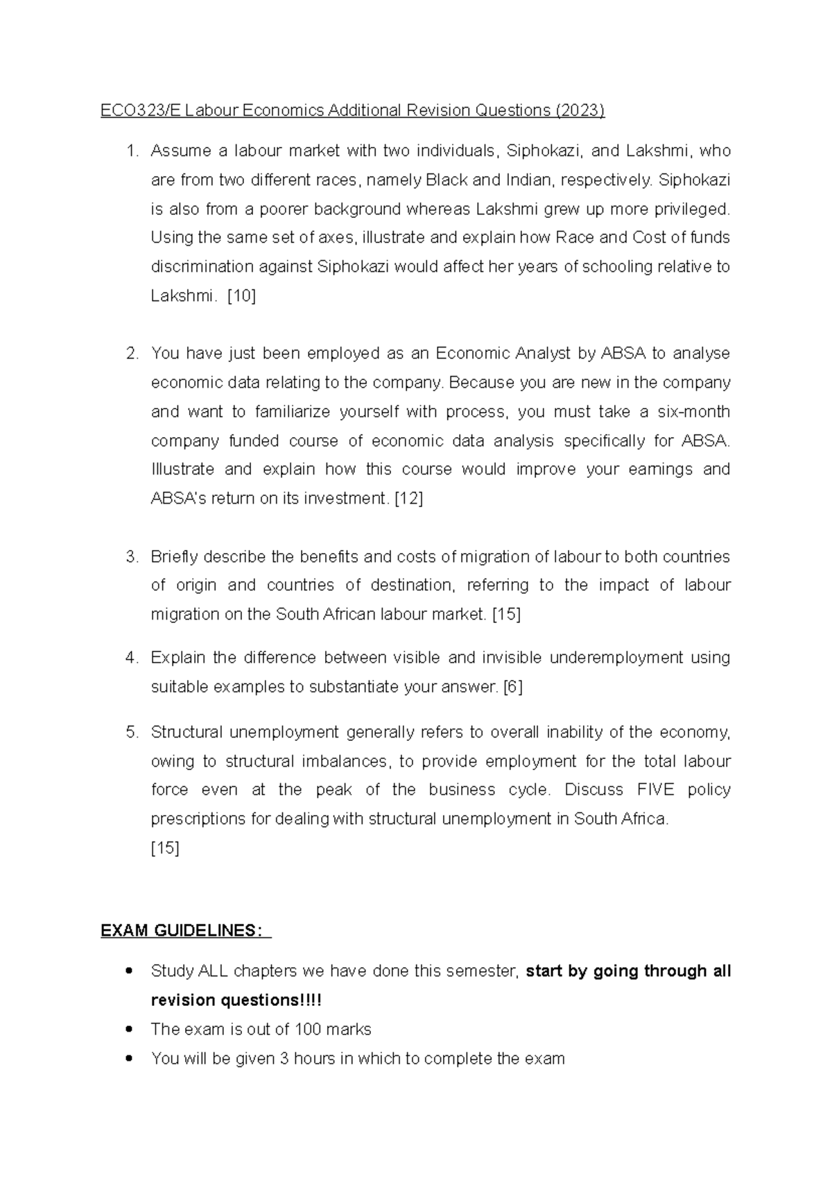 ECO323/E Labour Economics: Additional Revision Questions for Exam 2023 ...