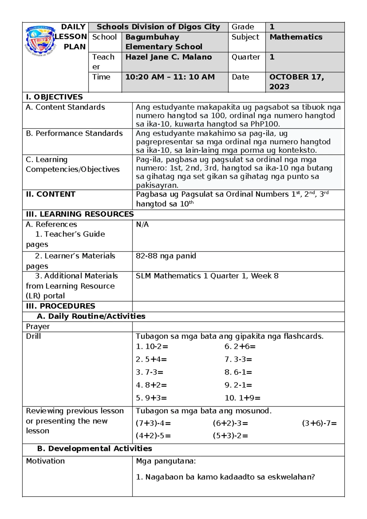 DLP MATH G2 Q3W1 - Daily Lesson Plan for Division Concepts - Studocu
