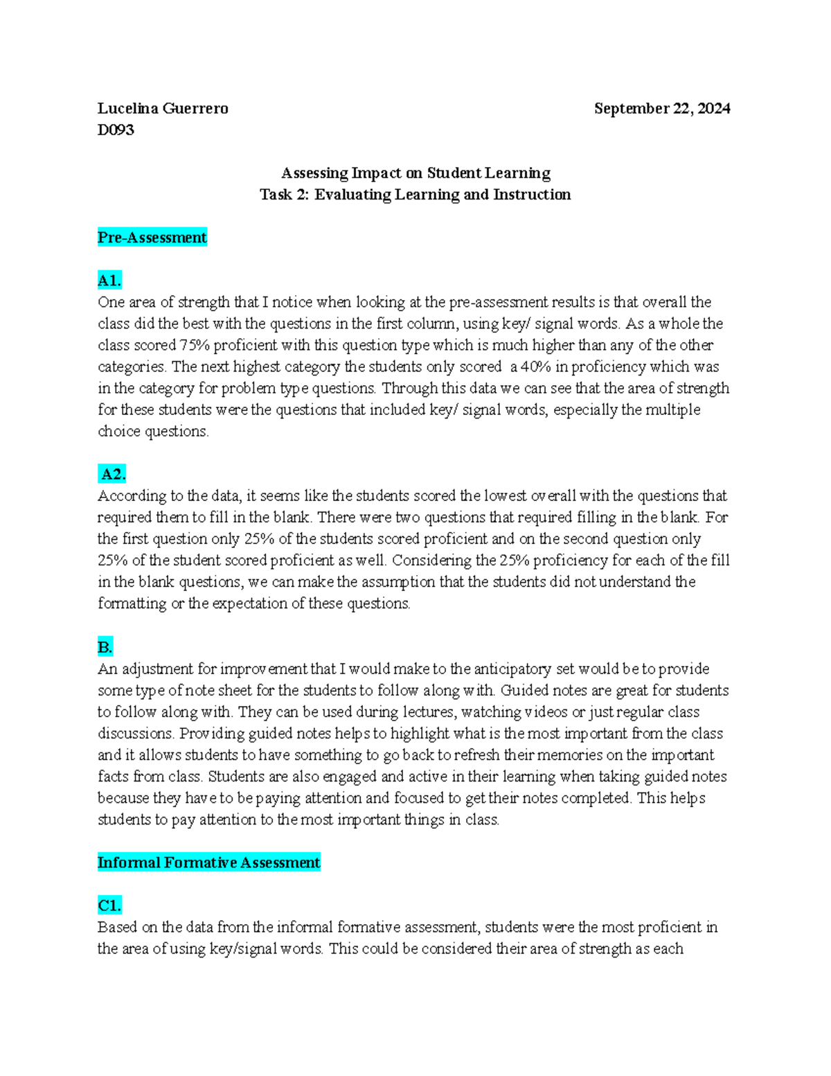 D093 Task 2 - Passed on first try! - Lucelina Guerrero September 22 ...