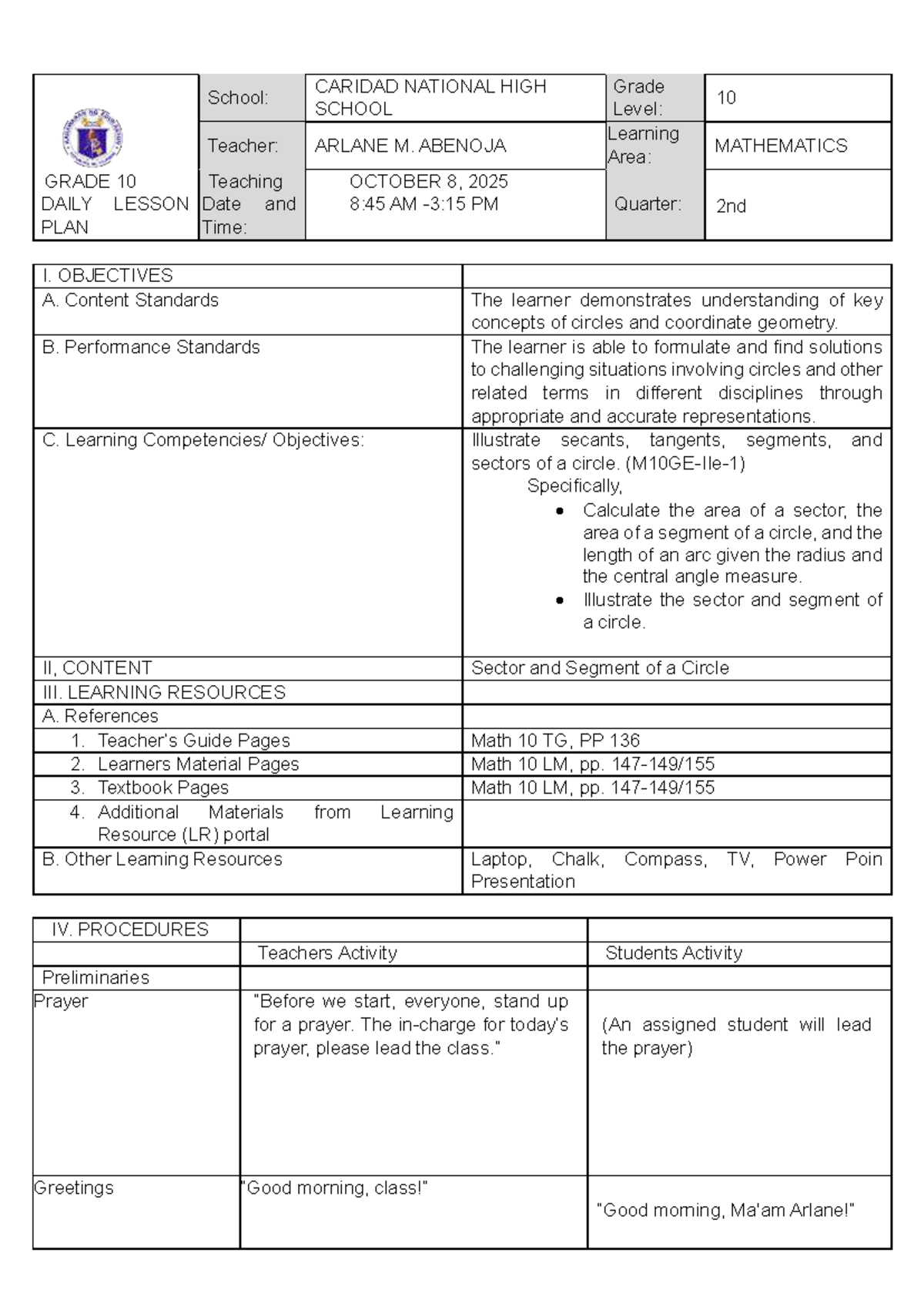 Grade 10 Math Lesson Plan: Sector and Segment of a Circle - Studocu