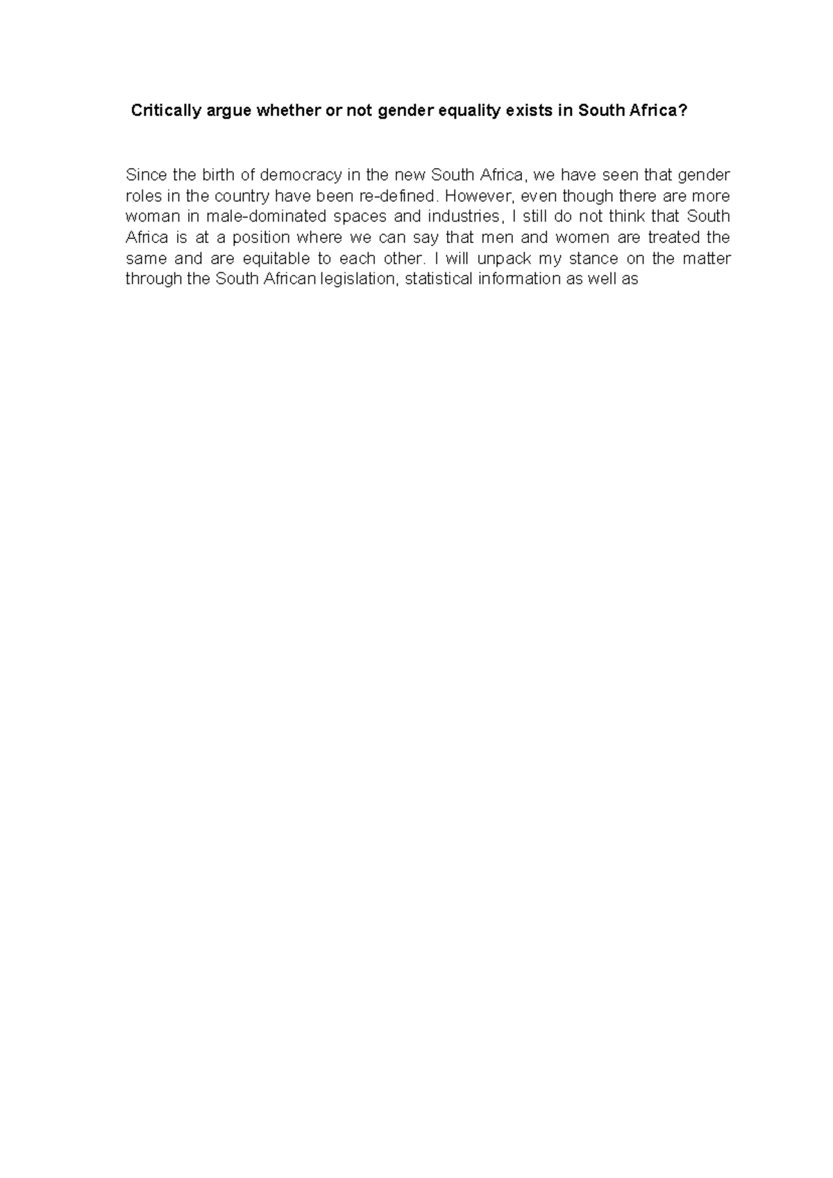 Critically argue whether or not gender equality exists in South Africa ...