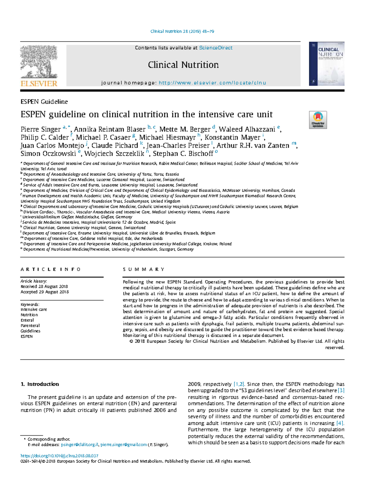 ESPEN Guideline on Clinical Nutrition in ICU: 2019 Update - Studocu