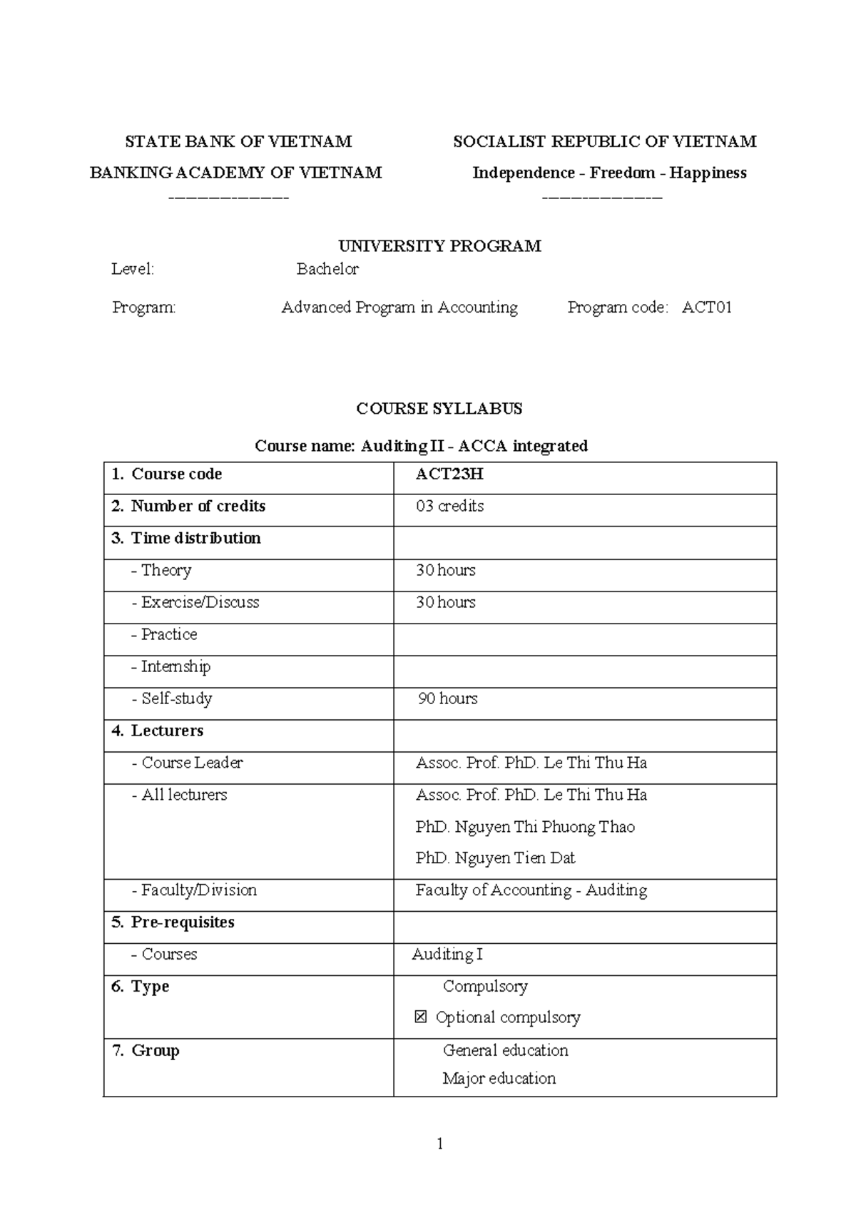 ACT23H Auditing II Course Syllabus - Advanced Accounting Program - Studocu