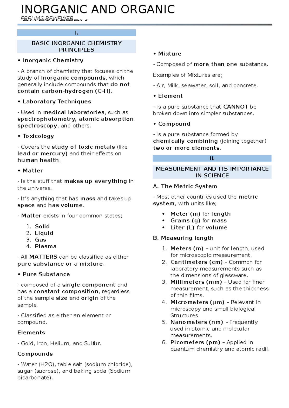 Inorganic and Organic Prelims Reviewer: Chemistry I Essentials - Studocu