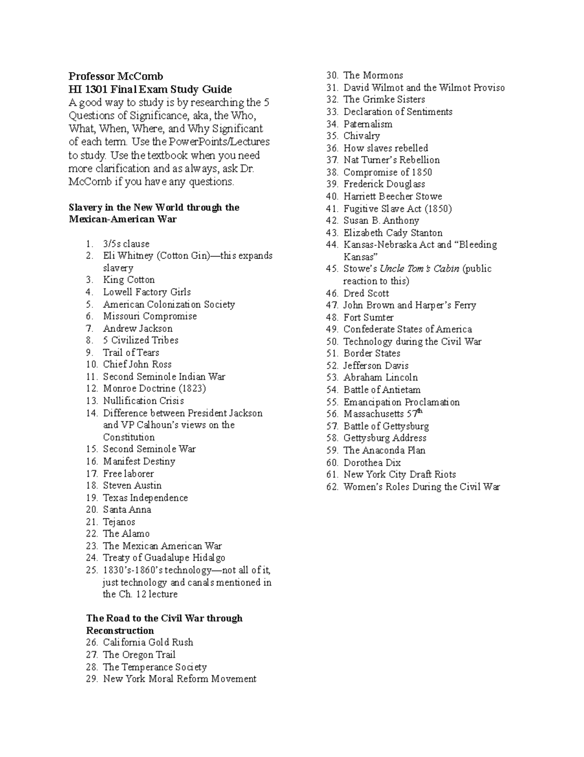 HI 1301 Final Exam Study Guide: Key Topics and Terms to Review - Studocu