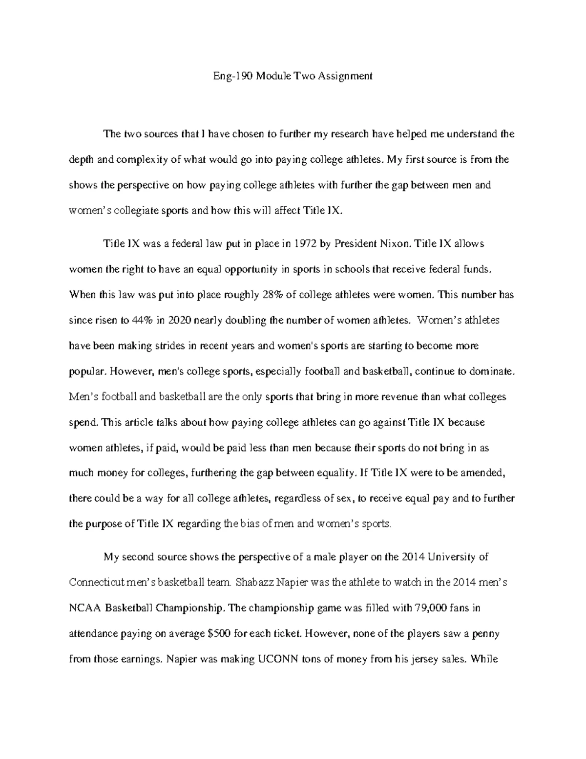 Eng 190 Module One Assignment: Payment for College Athletes? - Studocu