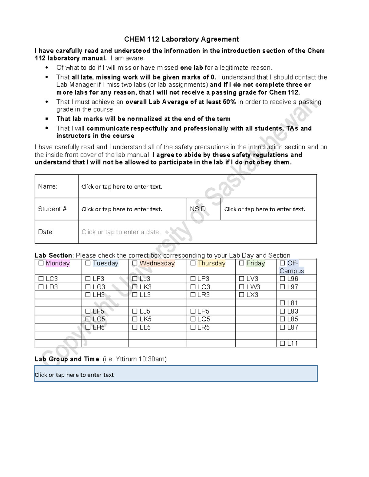 Lab Agreement CHEM 112 - CHEM 112 Laboratory Agreement I have carefully ...