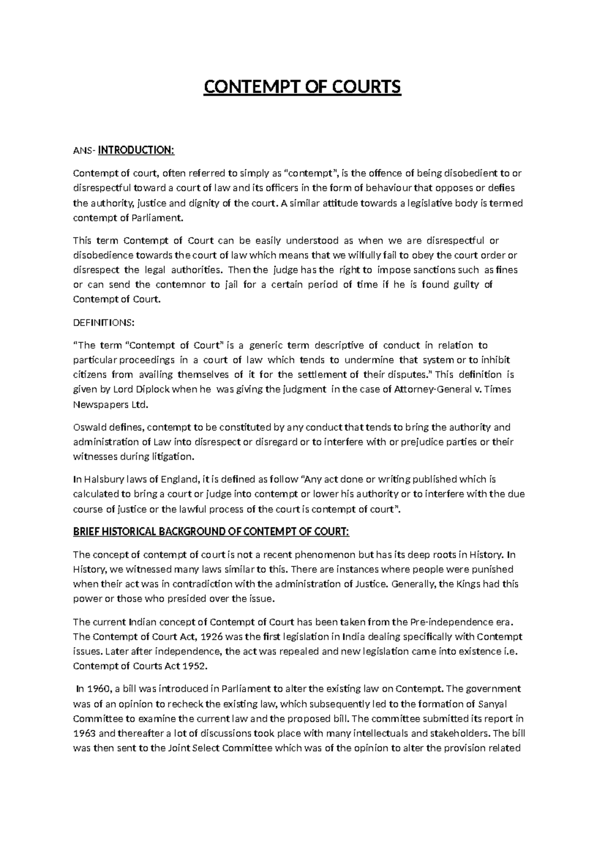 Contempt OF Court - CONTEMPT OF COURTS ANS- INTRODUCTION: Contempt of ...