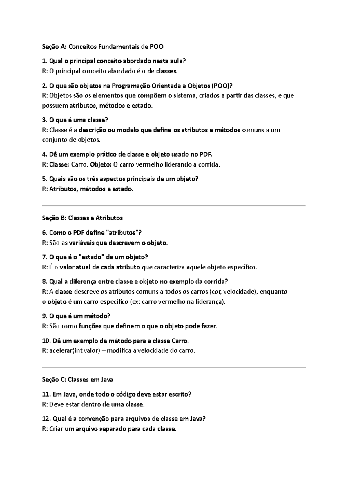 Questões de POO - Aula 02: Conceitos e Classes - Studocu