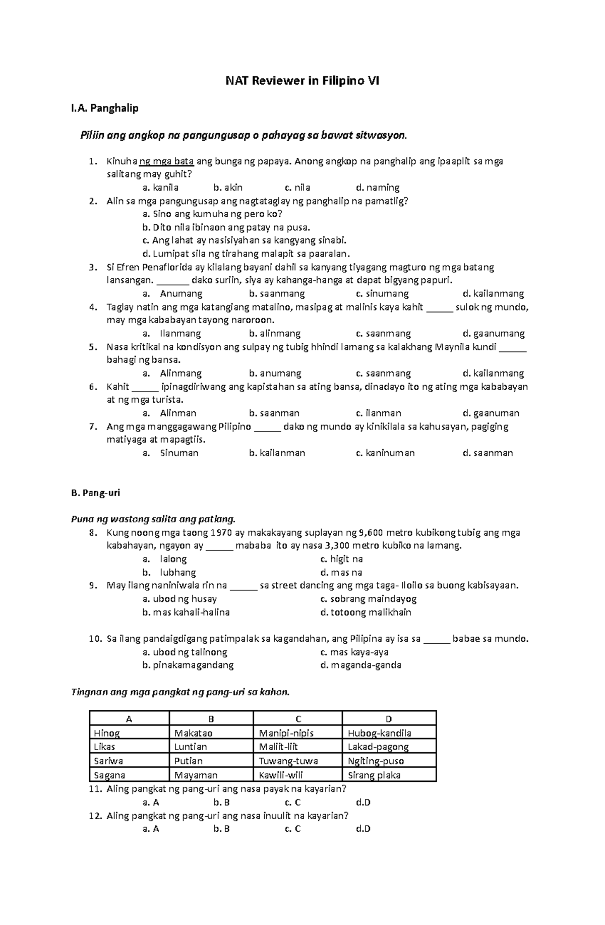 NAT Reviewer para sa Filipino VI: Panghalip, Pang-uri, Pandiwa at Pang ...