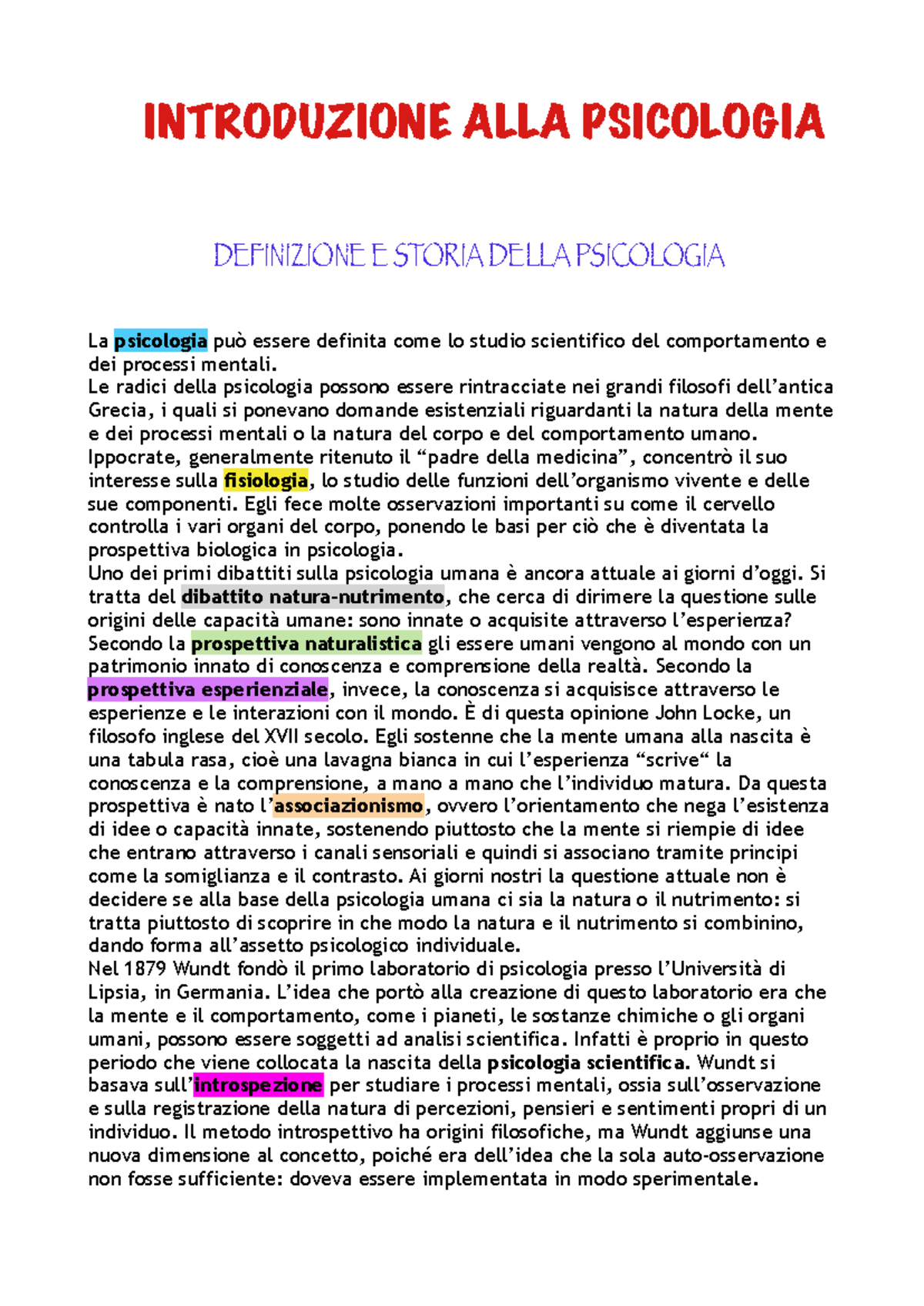 Introduzione alla Psicologia: Storia e Sviluppo (CORSO PSICOLOGIA) - Document Preview