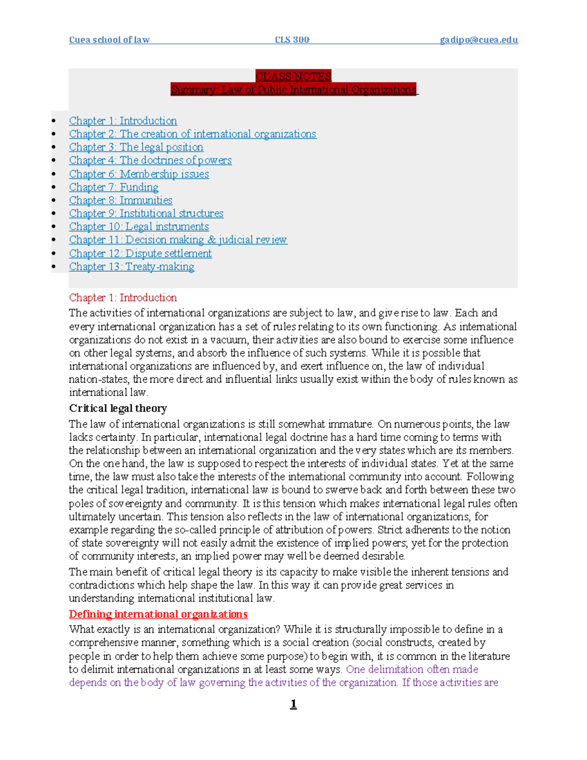 Cuea School of Law CLS 300 Class Notes: Law of Public International ...