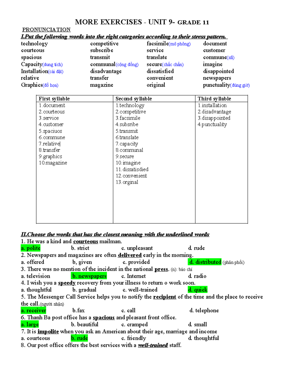 PRONUNCIATION EXERCISES & VOCABULARY GRADE 11 UNIT 9 - Studocu